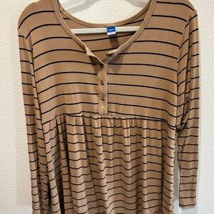 Old Navy Tan and Black Striped Long-Sleeve Henley Tunic Top